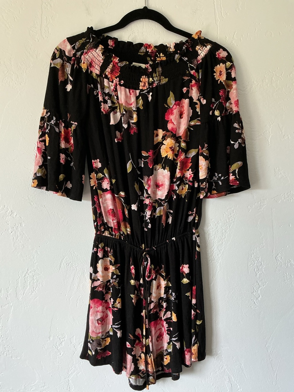 12 Pm By Mon Ami Black Floral On or Off-Shoulder Romper with Smocked Neckline